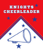 A red, white, and blue graphic design with the words 'KNIGHTS CHEERLEADER' in large white letters outlined in blue at the top, a white triangle below with blue stars and double red-blue border lines, and a blue line drawing of a megaphone.