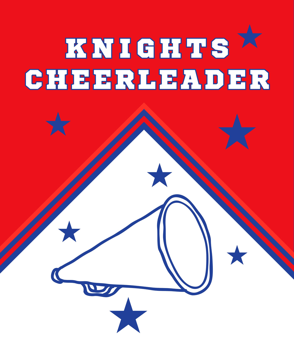 A red, white, and blue graphic design with the words 'KNIGHTS CHEERLEADER' in large white letters outlined in blue at the top, a white triangle below with blue stars and double red-blue border lines, and a blue line drawing of a megaphone.