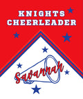 A red and white graphic design with blue stars and the text 'KNIGHTS CHEERLEADER' at the top, plus a megaphone illustration and the name 'savannah' in red script across a white triangular section.