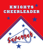 A red and white graphic design with blue stars and the text 'KNIGHTS CHEERLEADER' at the top, plus a megaphone illustration and the name 'savannah' in red script across a white triangular section.