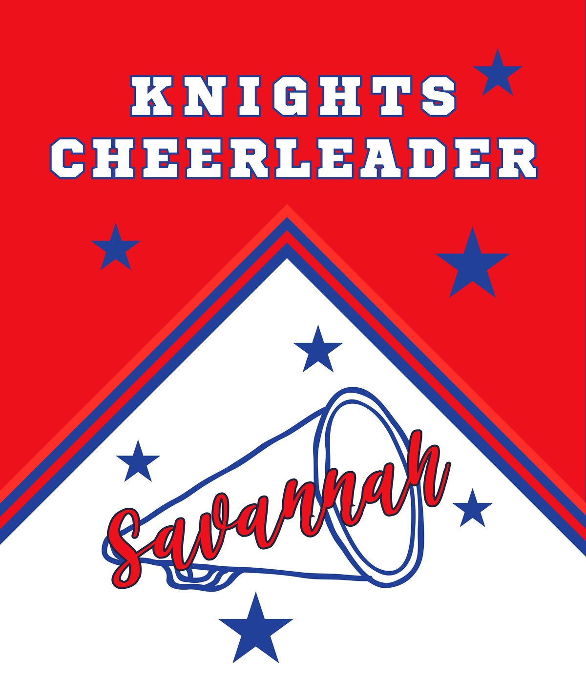 A red and white graphic design with blue stars and the text 'KNIGHTS CHEERLEADER' at the top, plus a megaphone illustration and the name 'savannah' in red script across a white triangular section.