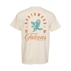 A cream-colored short-sleeve t-shirt shown from the back, featuring a vintage-style graphic with a teal falcon and orange text reading 'NORTHWOOD', 'Falcone', and 'SHEWPoRT, LA'.