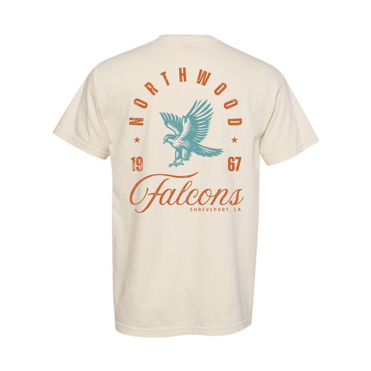 A cream-colored short-sleeve t-shirt shown from the back, featuring a vintage-style graphic with a teal falcon and orange text reading 'NORTHWOOD', 'Falcone', and 'SHEWPoRT, LA'.