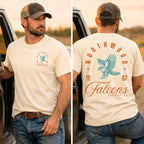 A man wearing a cream-colored t-shirt with a 'Northwood Falcons' graphic, shown in front and back views. The shirt features a teal falcon and orange text.