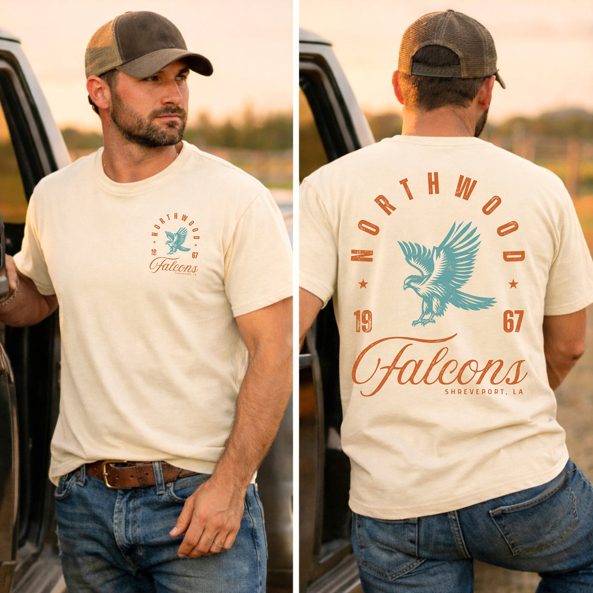 A man wearing a cream-colored t-shirt with a 'Northwood Falcons' graphic, shown in front and back views. The shirt features a teal falcon and orange text.