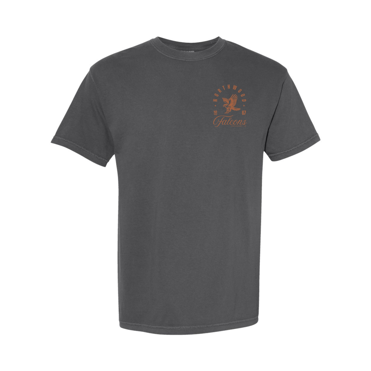 A dark gray crewneck t-shirt with a small orange graphic on the left chest featuring a falcon and the text 'Falconas'.