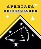 A graphic design featuring the text 'SPARTANS CHEERLEADER' in black outlined letters on a bright yellow background, with white stars and a large black triangle below containing a white megaphone illustration.