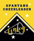 A square graphic design for a 'Spartans Cheerleader' team item, featuring a bright yellow top half with black text and white stars, and a black lower half with a white and yellow chevron border, a white megaphone outline, and the word 'Finley' in yellow script.