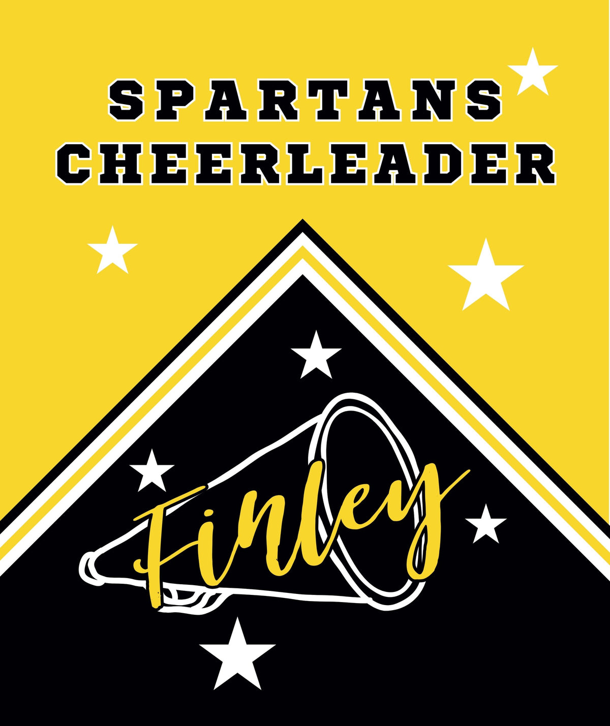 A square graphic design for a 'Spartans Cheerleader' team item, featuring a bright yellow top half with black text and white stars, and a black lower half with a white and yellow chevron border, a white megaphone outline, and the word 'Finley' in yellow script.